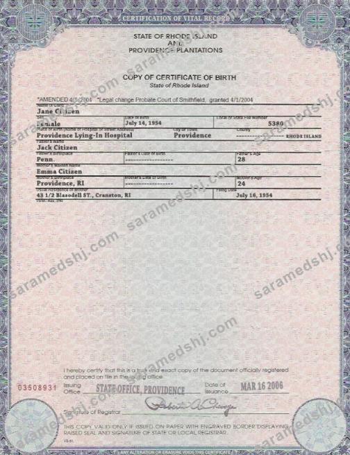 USA Rhode Island state birth certificate template in PSD format